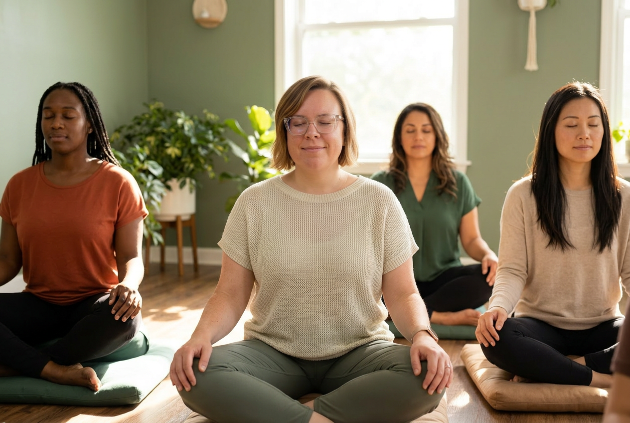 A diverse group of women meditating together in a peaceful, warmly lit space